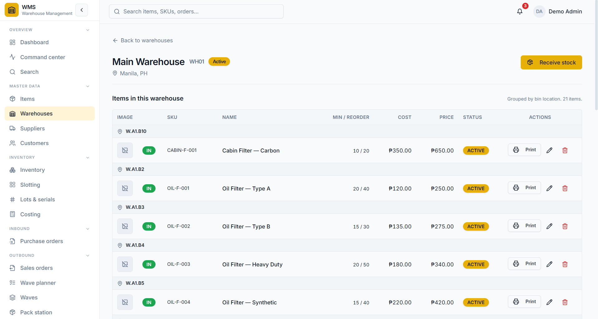 Warehouses overview — list of warehouses with addresses and active status